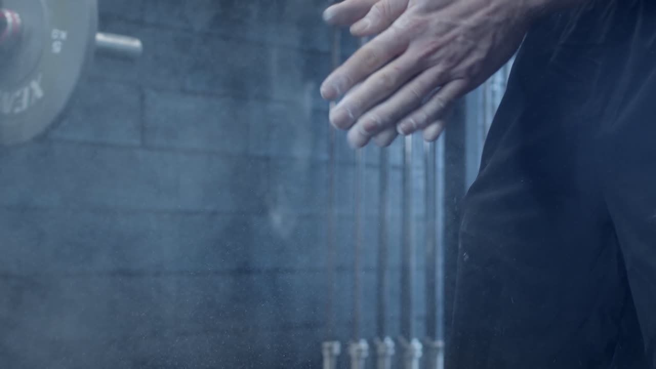 체육관 에 있는 한 남자 가 손 에 크 가루 를 뿌린다