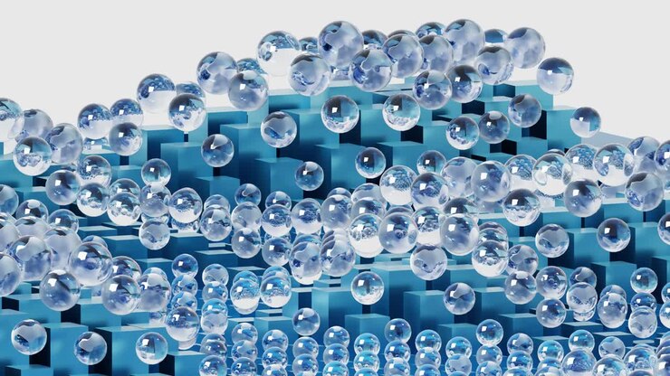Glass balls, spheres move together with cube bars. Business, science concept