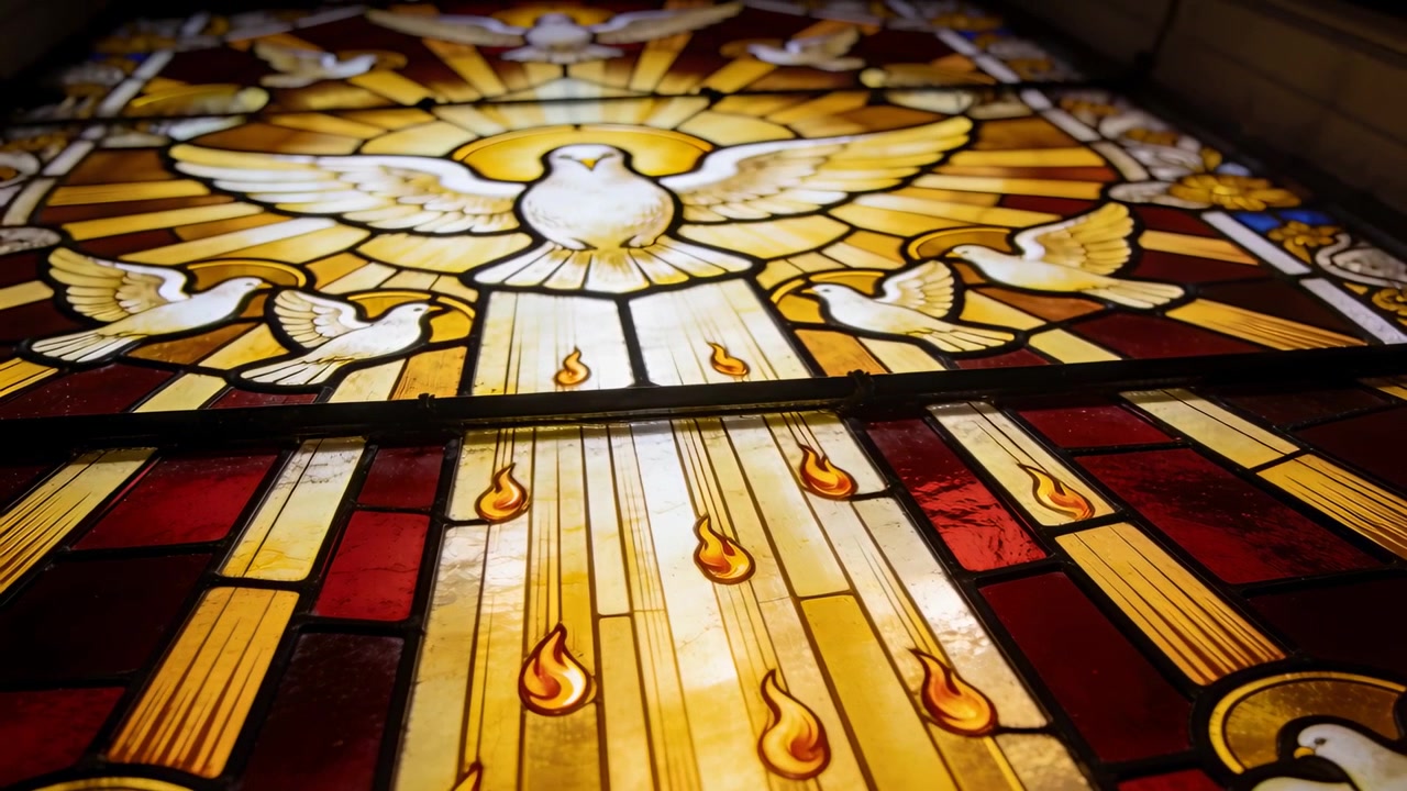 La telecamera si allontana rivelando una vetrata in una chiesa, che mostra una colomba intera e raggi di luce.