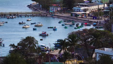 coracle and fishing boats anchored in serene vinh hy bay harbor, vietnam