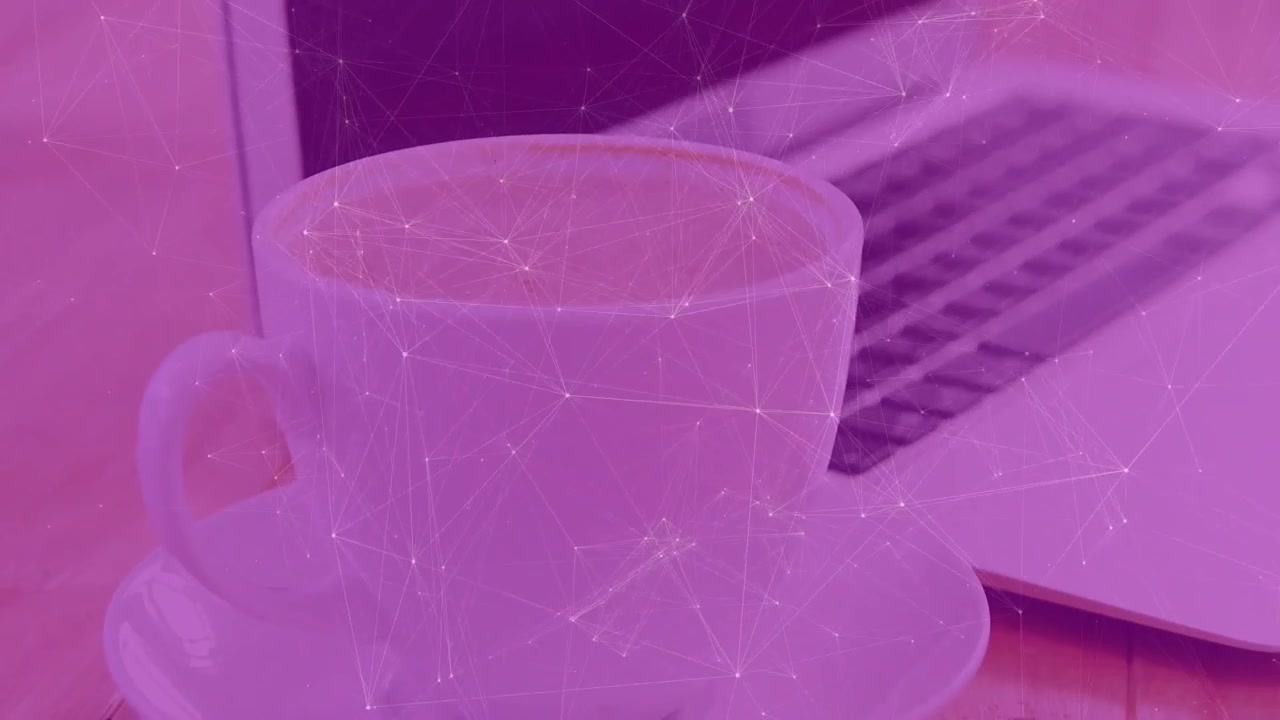 Laptop e tazza di caffè con sovrapposizione di rete digitale