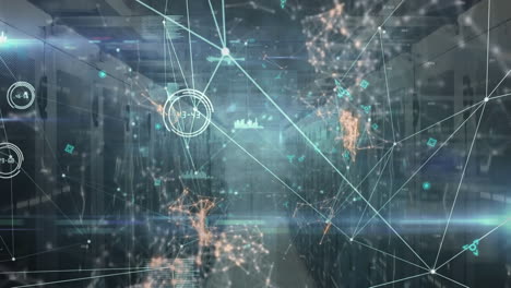 animación de redes de comunicación sobre capas de procesamiento de datos en un fondo oscuro