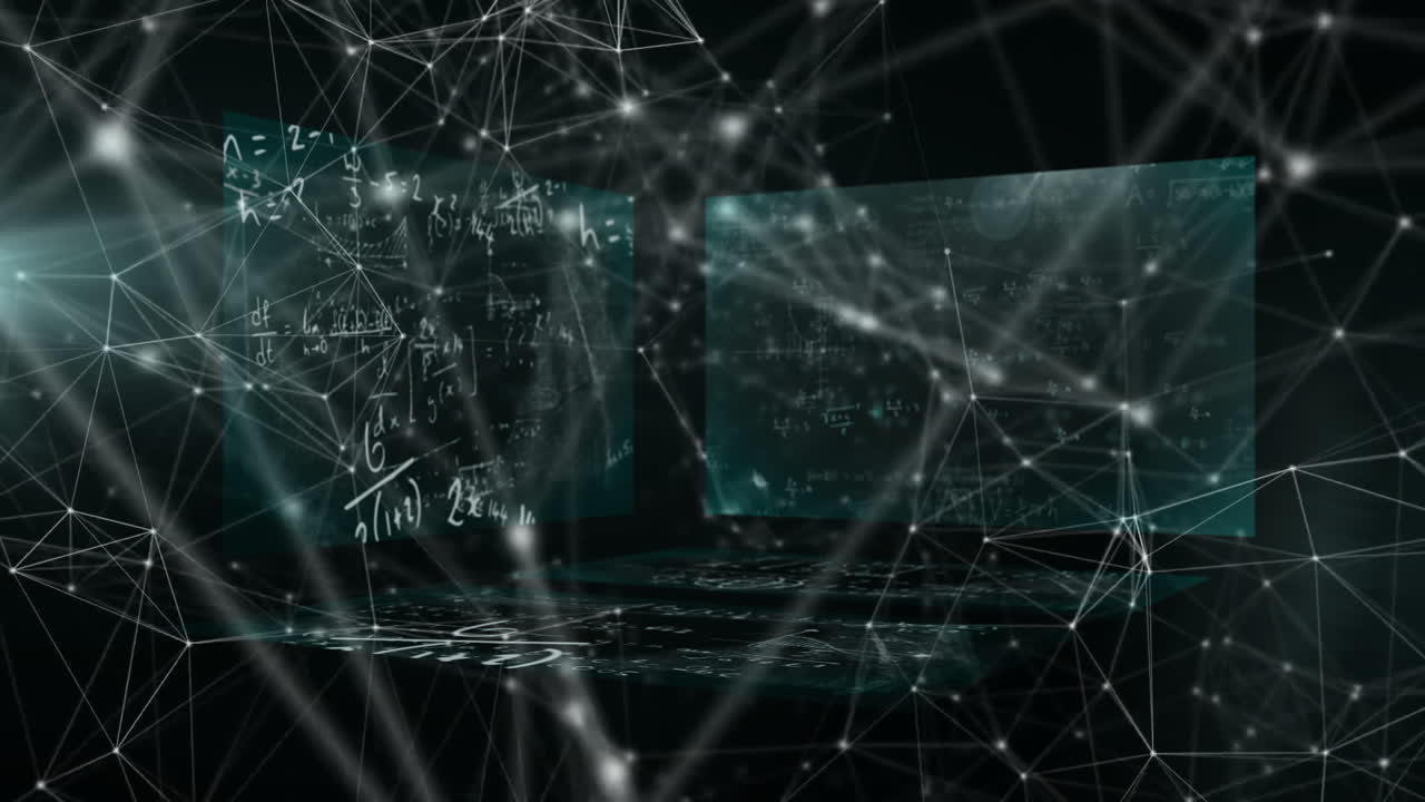 In school, child watching animation of mathematical equations forming digital interface