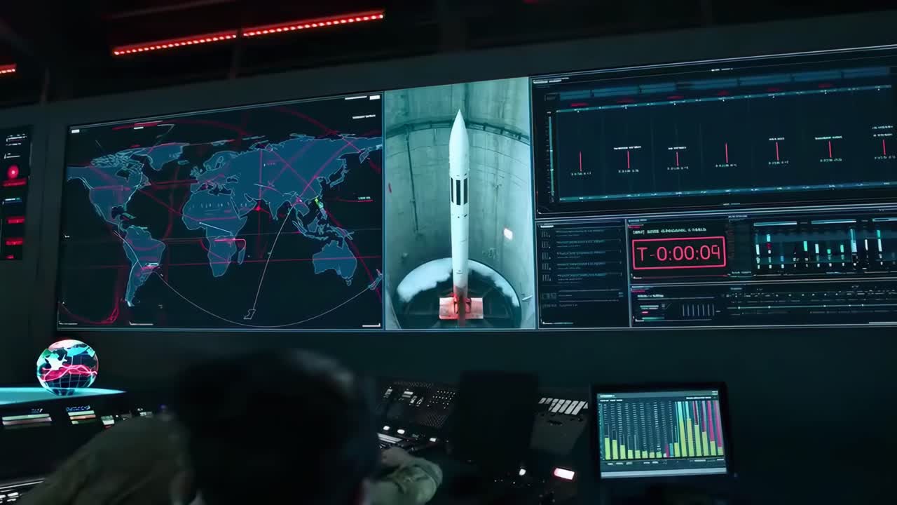 High-angle shot of a military control room with officers analyzing video screens and maps