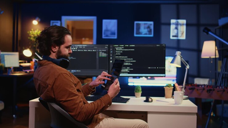IT admin holding table, using it as reference while coding on computer