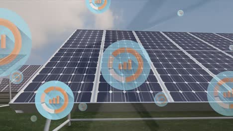 animation of icons with graphs floating over solar panels