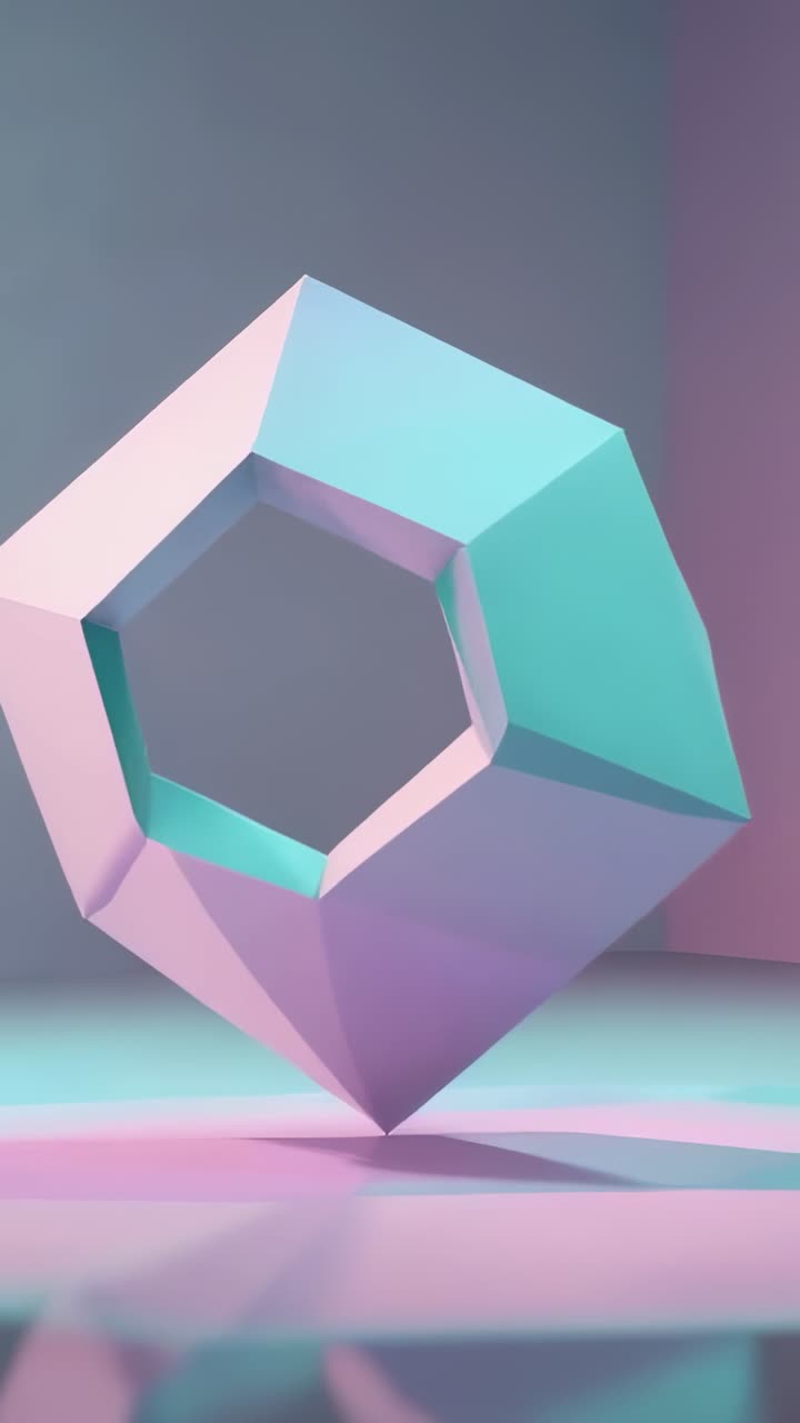 Vertical video: Hovering polyhedron rotating and tilting in studio with pastel faces shifting hues