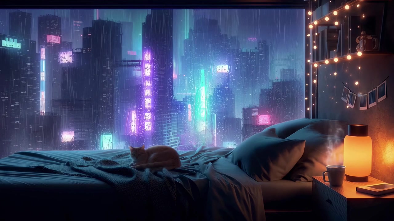 Camera da letto accogliente con gatto addormentato che si affaccia su un paesaggio urbano piovoso illuminato al neon
