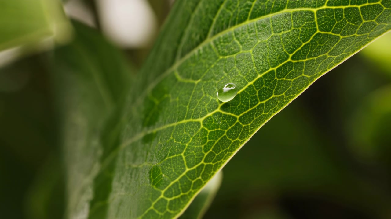 Close macro view of vivid green leaf with fine vein network and clear droplet on smooth surface, set against soft blurred greenery, creating fresh natural texture, clean botanical detail, tranquil