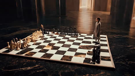 a person stands on a giant chessboard in a grand hall