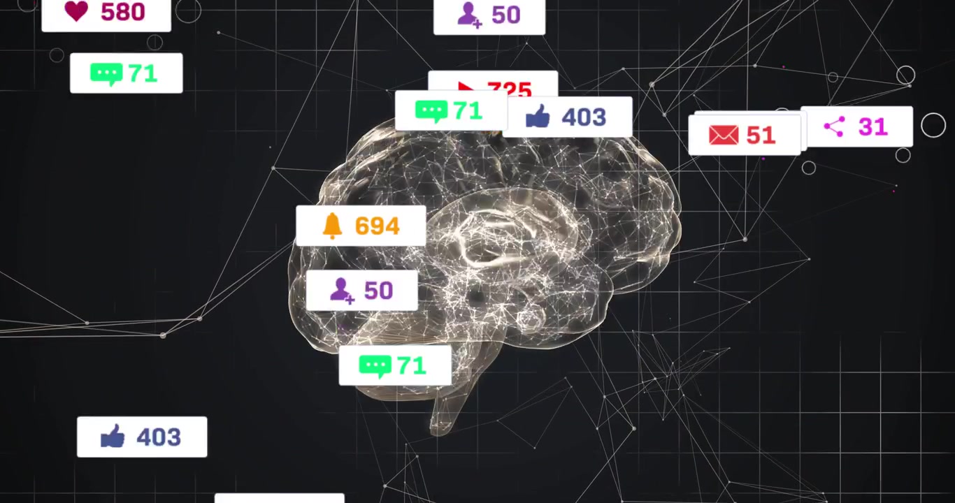 After pause, social media icons keep drifting toward glowing brain network, showing engagement flow