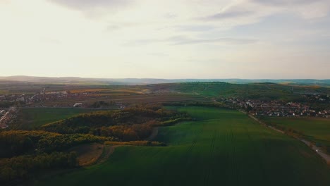 aerial view of a serene rural landscape at sunset