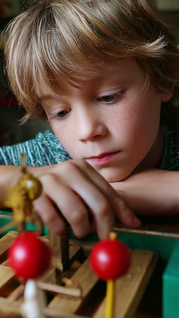 Bambino concentrato impegnato in un gioco creativo: esplorare la curiosità e l'immaginazione con giocattoli colorati in legno ed elementi interattivi, sviluppando capacità motorie complesse e capacità di problem-solving
