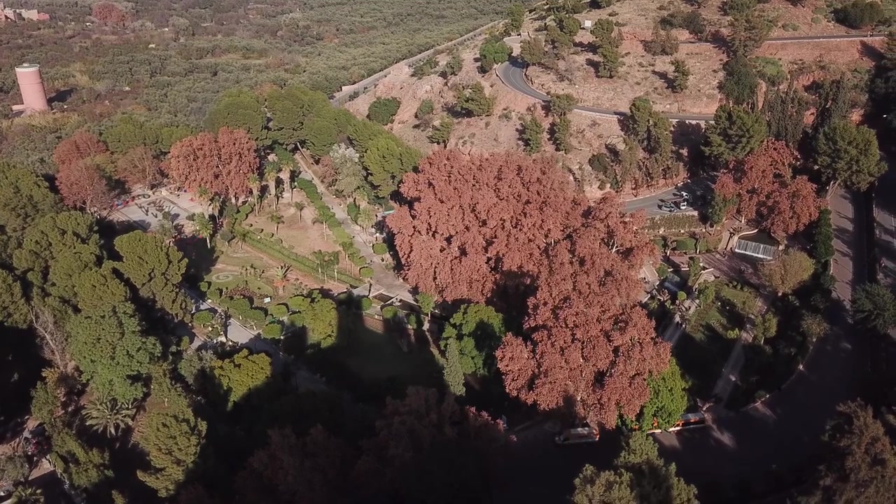 Veduta aerea con drone dei Giardini di Ain Asserdoun a Beni Mellal, Marocco, che mostra una vegetazione lussureggiante, sentieri paesaggistici, sorgenti naturali e un'oasi urbana ai piedi dell'Atlante.