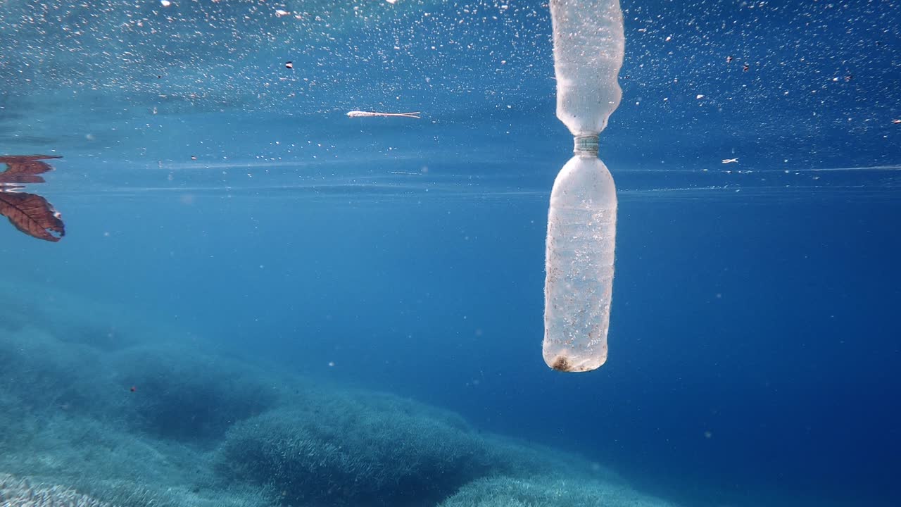 An empty water bottle floating in the ocean - underwater