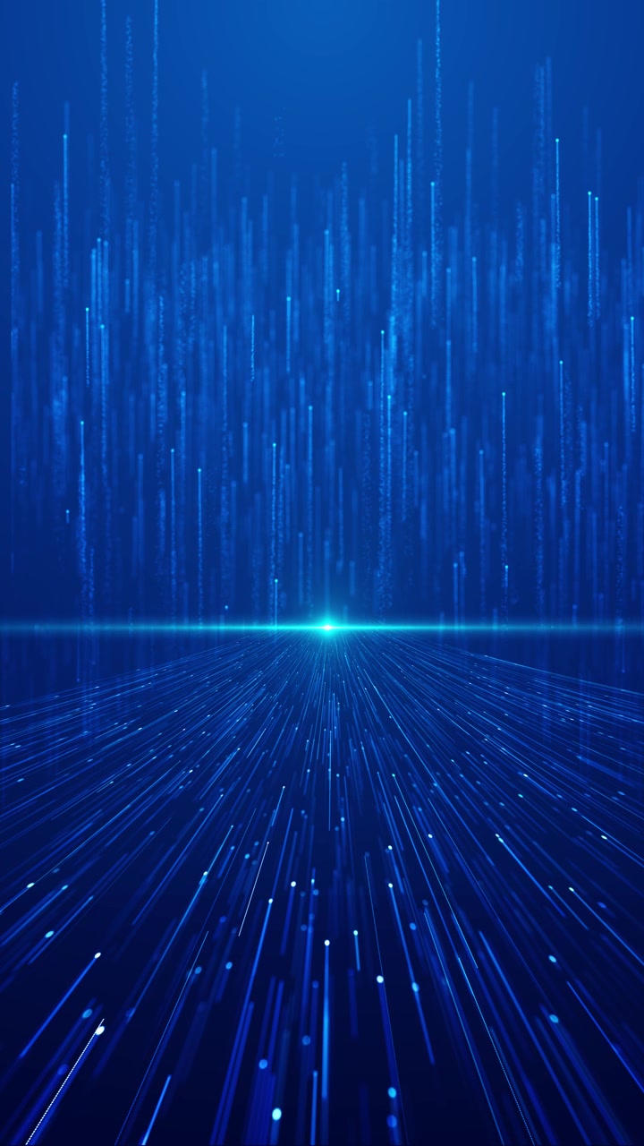 Blue digital horizon data background with glowing floor lines vertical particle towers flare