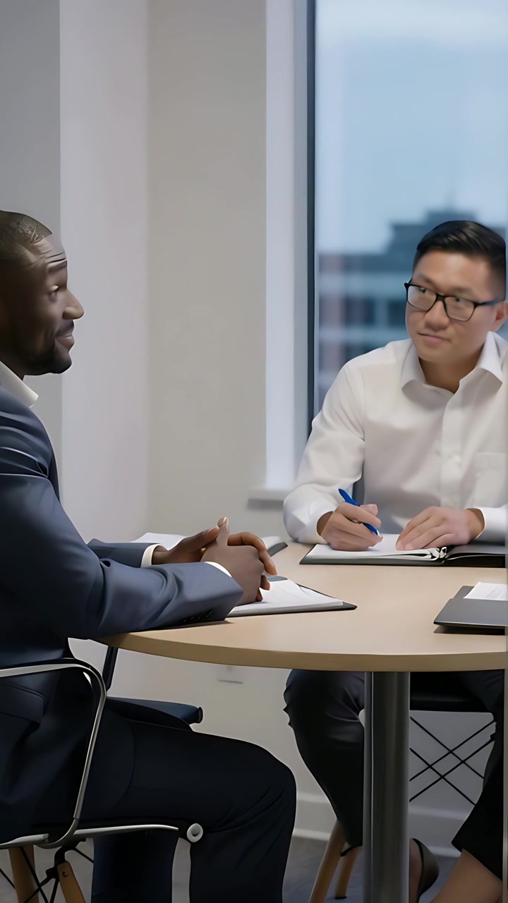 Vertical video: Man in suit starting speaking while man in shirt writing on pad at office meeting