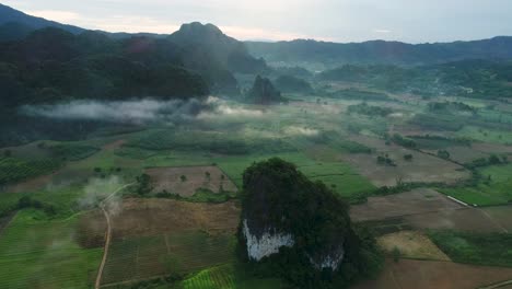 Vista-Aérea-De-Un-Tranquilo-Pueblo-Rural-Rodeado-De-Montañas