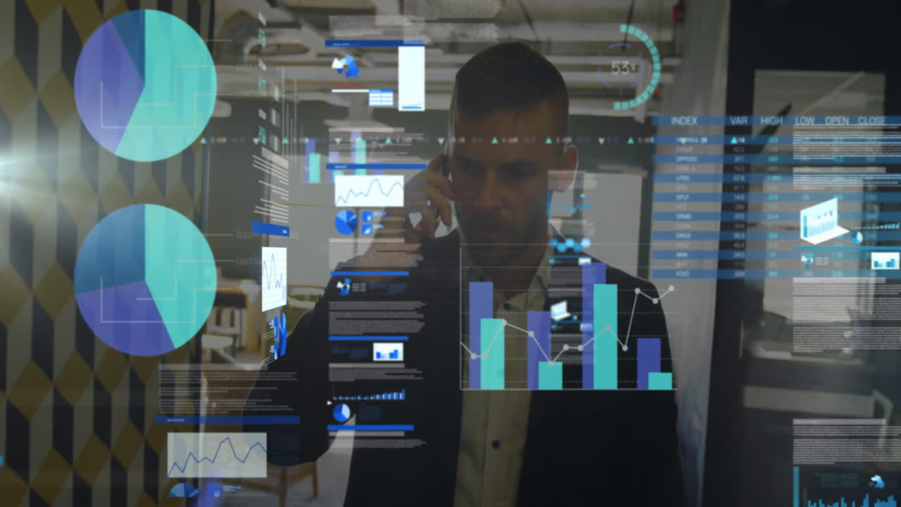 Animation of financial data processing over caucasian businessman using smartphone