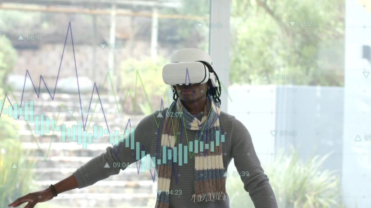 Man wearing VR headset in home activating virtual interface, manipulating line charts for finance