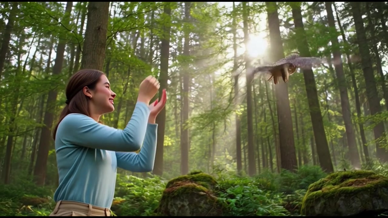 Mujer joven liberando un búho rescatado en el bosque