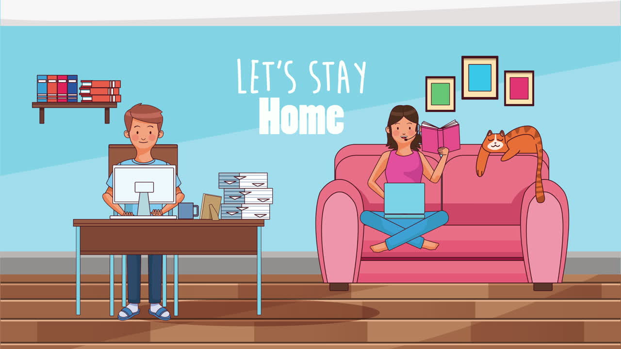 covid-19 예방 방법으로 집에서 책상과 소파에서 일하는 커플