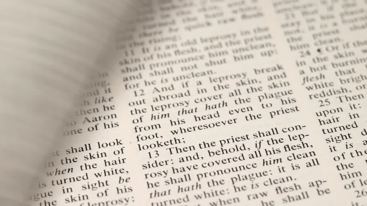 Close up of reading Bible flipping pages fast with hand, words of psalms, static