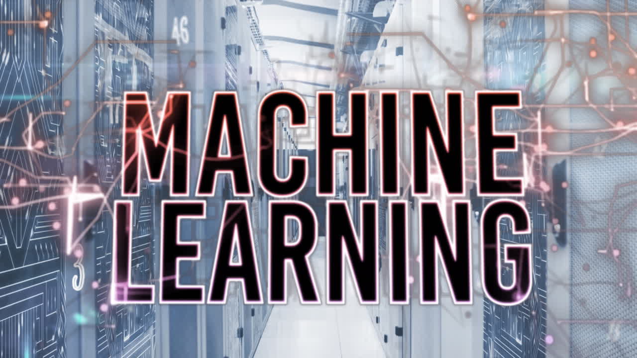 animazione di testi di apprendimento automatico, numeri su modello di scheda di circuito su rack di server di dati