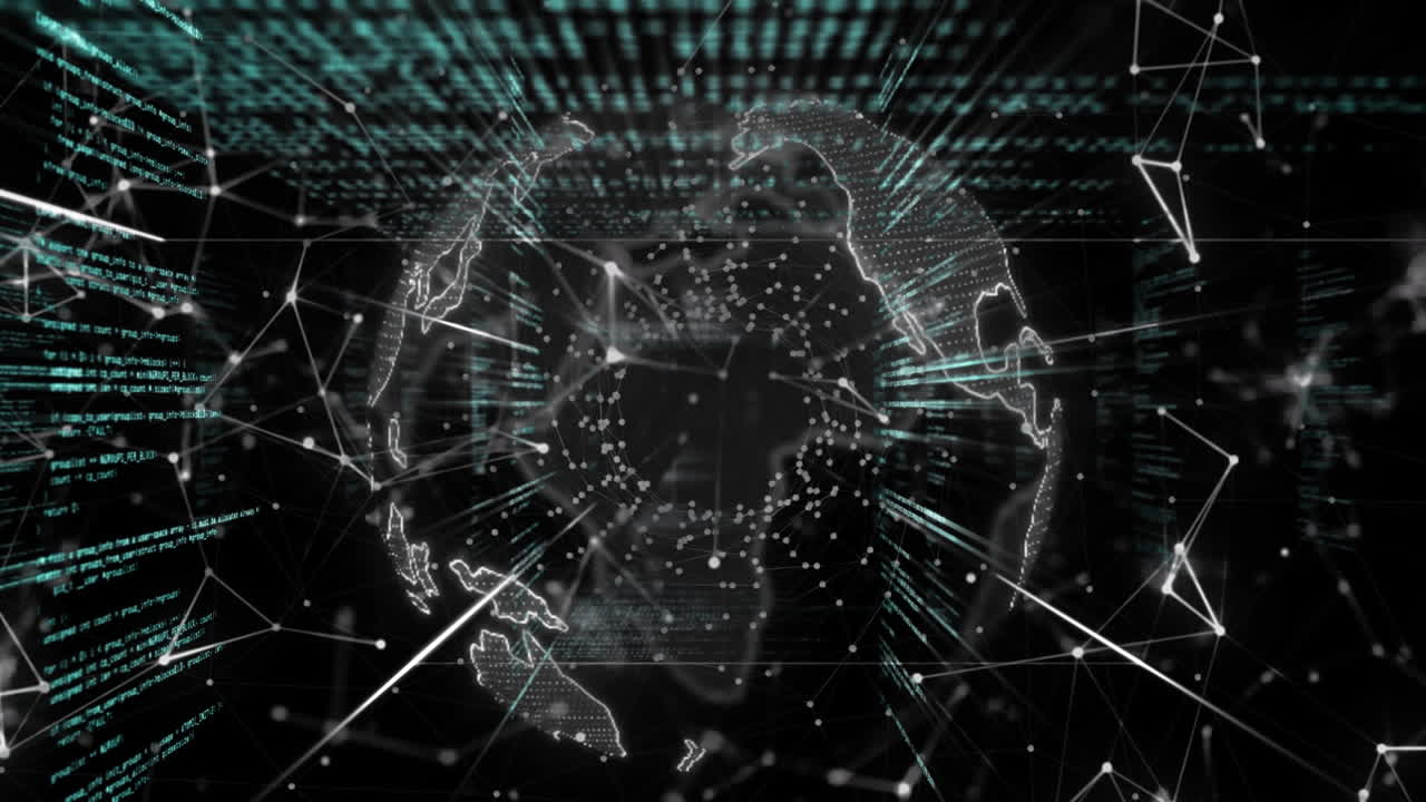 지구상에서 기하학적 모양을 형성하는 연결된 점들의 애니메이션과 컴퓨터 언어