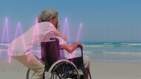 animation of cardiograph over senior biracial couple embracing at beach