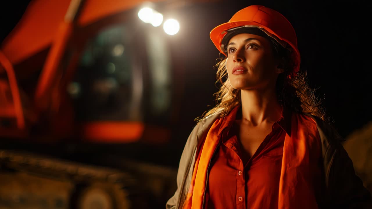 A skilled and determined woman wearing a safety helmet stands confidently at a construction site at night, illuminated by heavy machinery, embodying strength and dedication in her role as a leader in the industry
