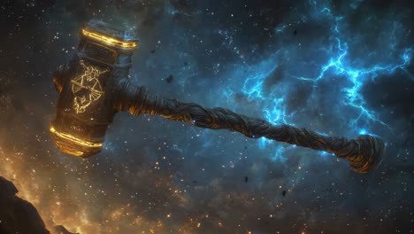 golden, glowing fantasy hammer in space