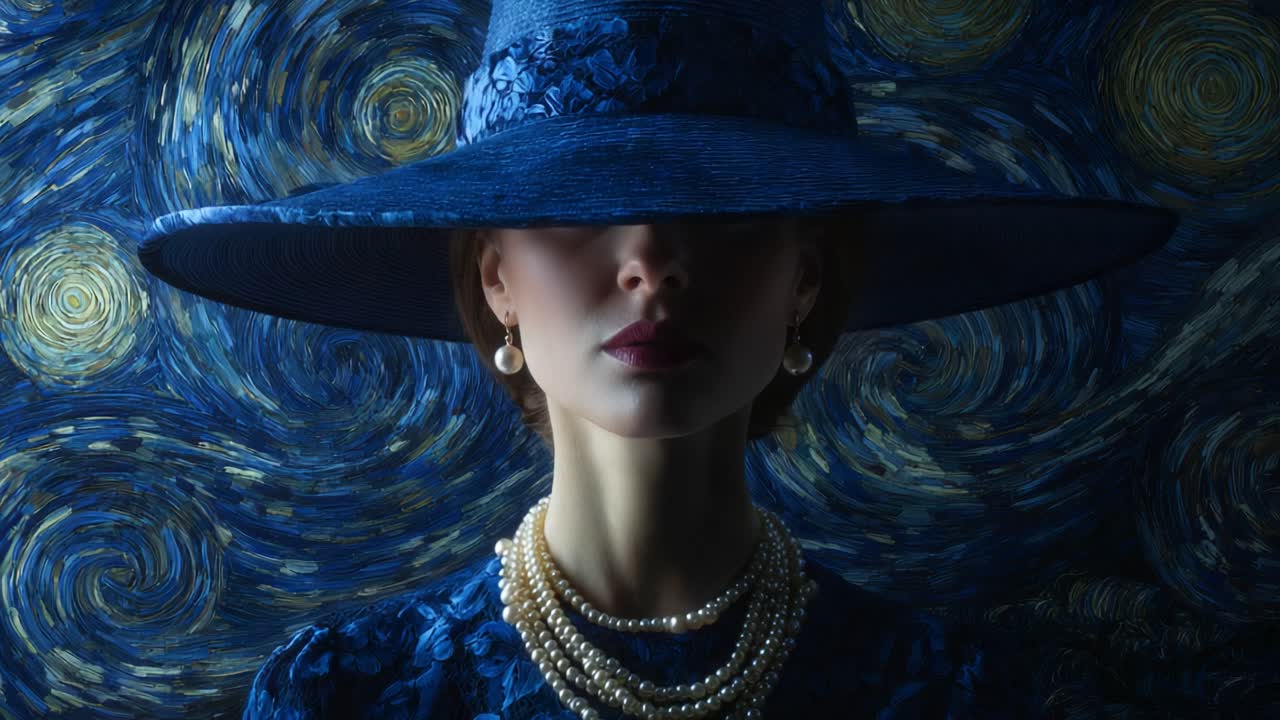 A Mysterious Elegance: A Woman in a Stylish Blue Hat Poses Against a Swirling Starry Night Background, Evoking Timeless Class and Enigma with Her Pearls and Veiled Expression