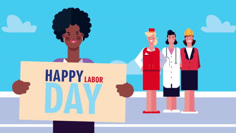 happy labor day celebration with workers lifting lettering
