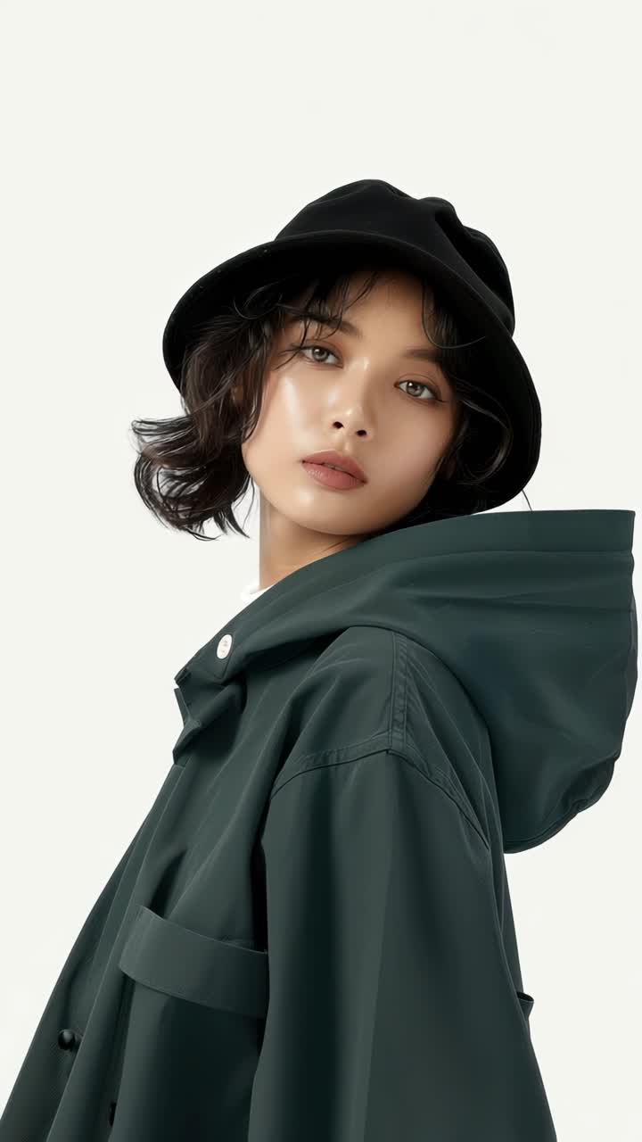 Stylish portrait of a young woman in a black hat and green coat, captured from a side angle
