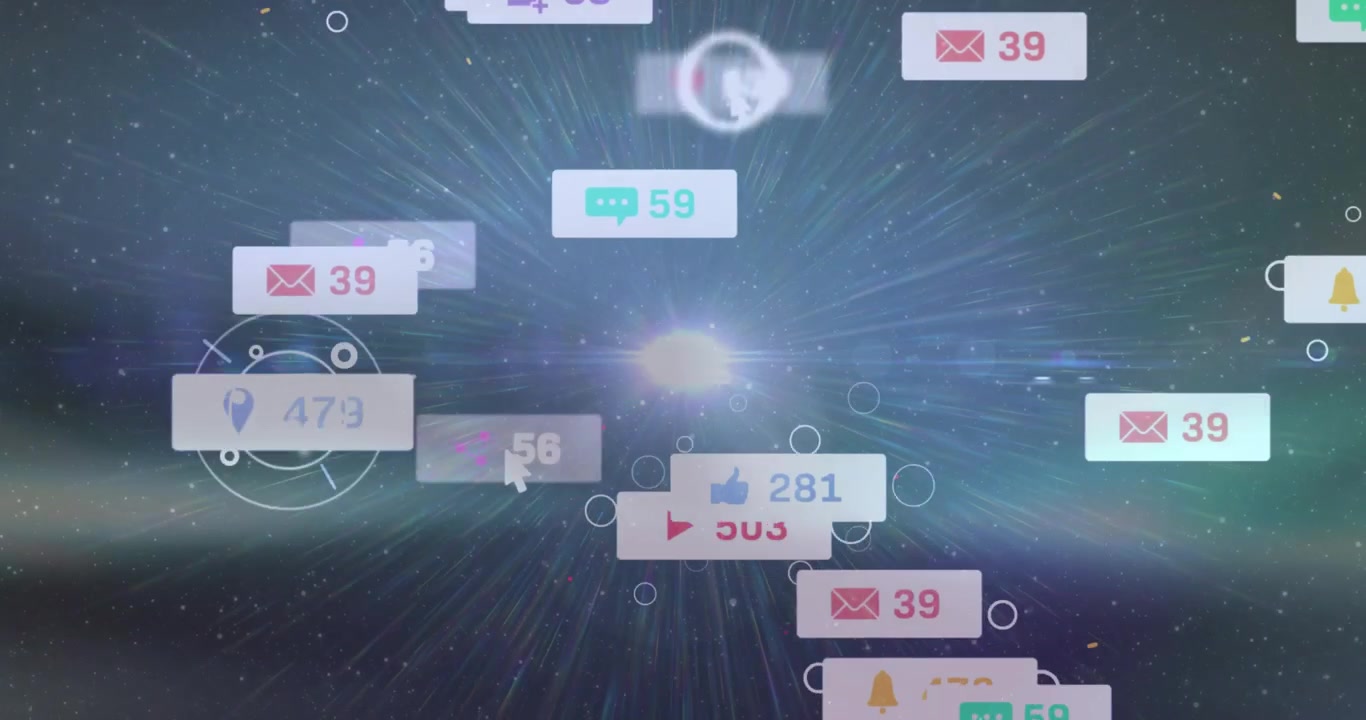 Central flare emerging sending notification icons drifting displaying counters swirling to viewer