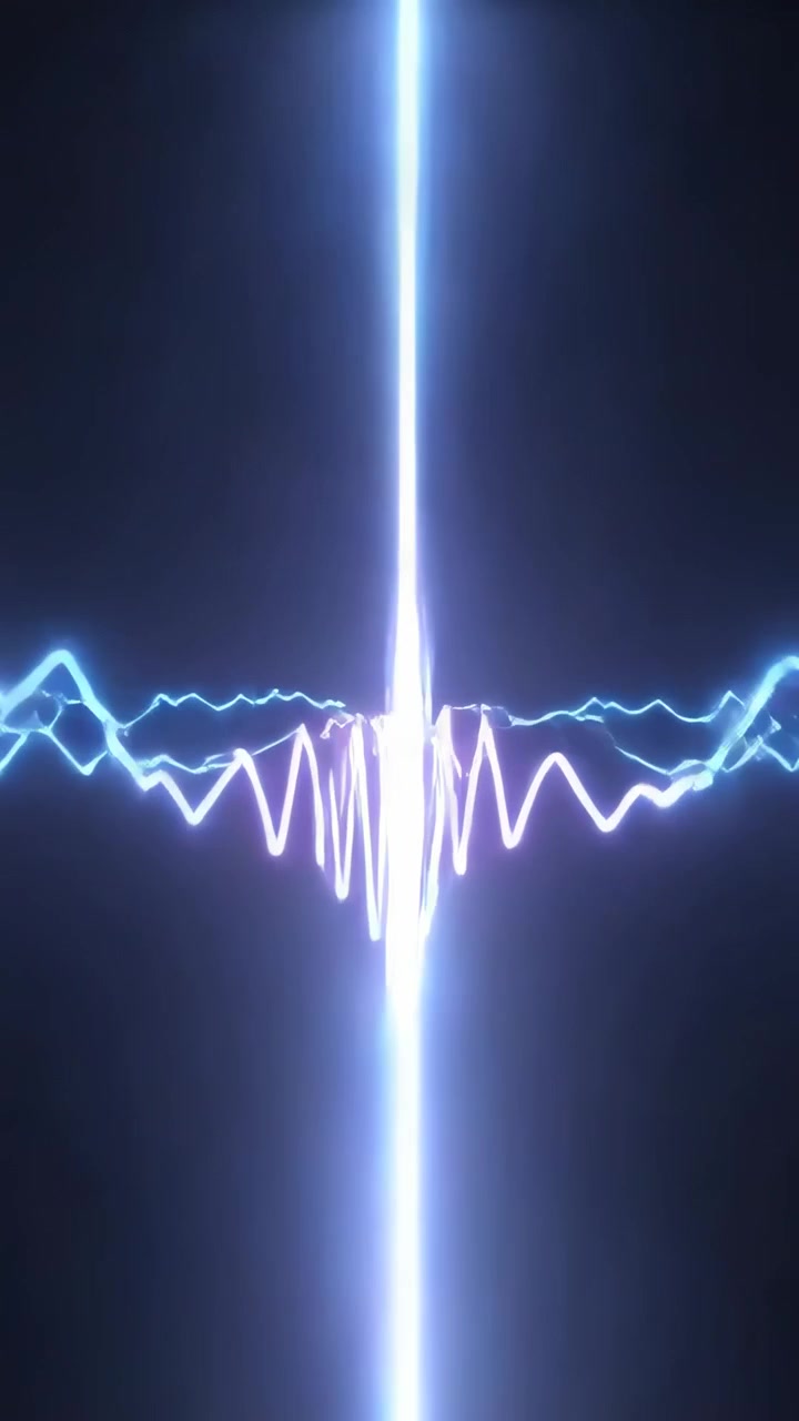 Vertical video: Pulsing neon wave rising into beam and magenta line in dark void, reacting to audio