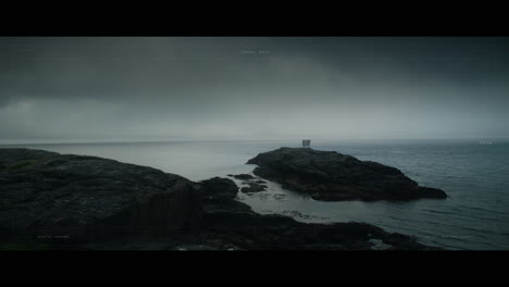 coastal landscape with rocky shore and foggy sky