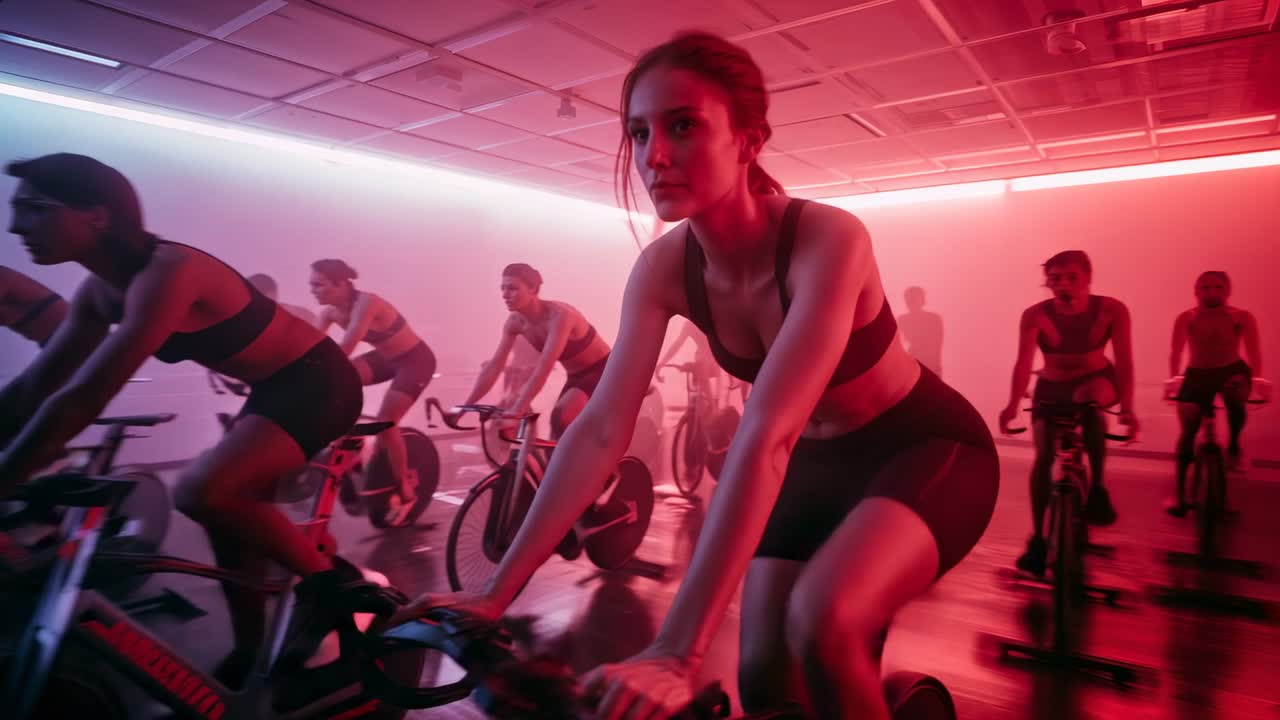 Music starting spin instructor in sportswear leading cyclists on bikes warming up in spin studio