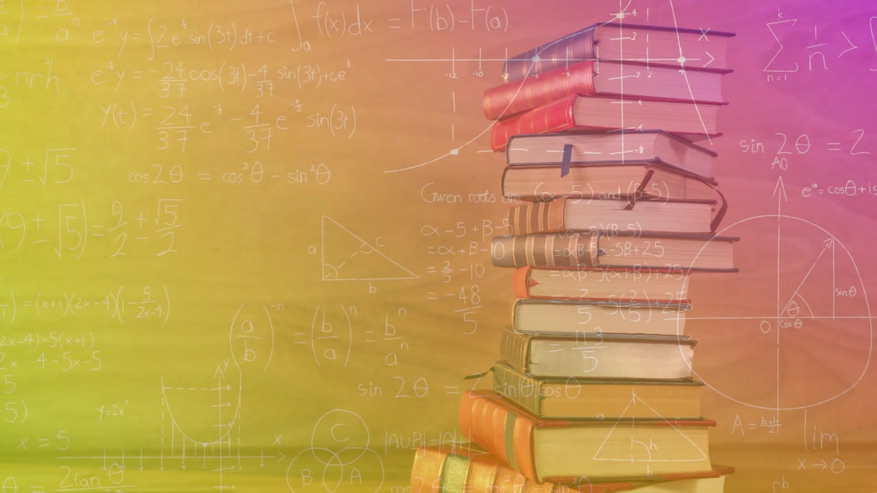 Animierte mathematische Gleichungen und Finanzdaten mit Büchern.