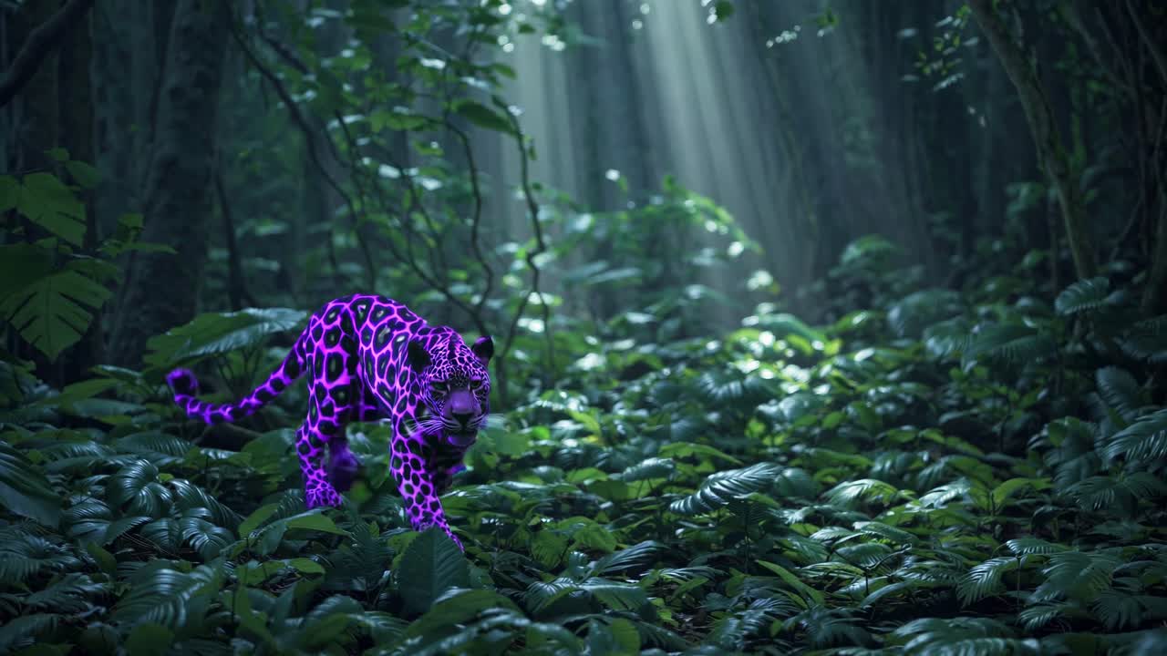 Glowing Purple Leopard in a Lush Jungle