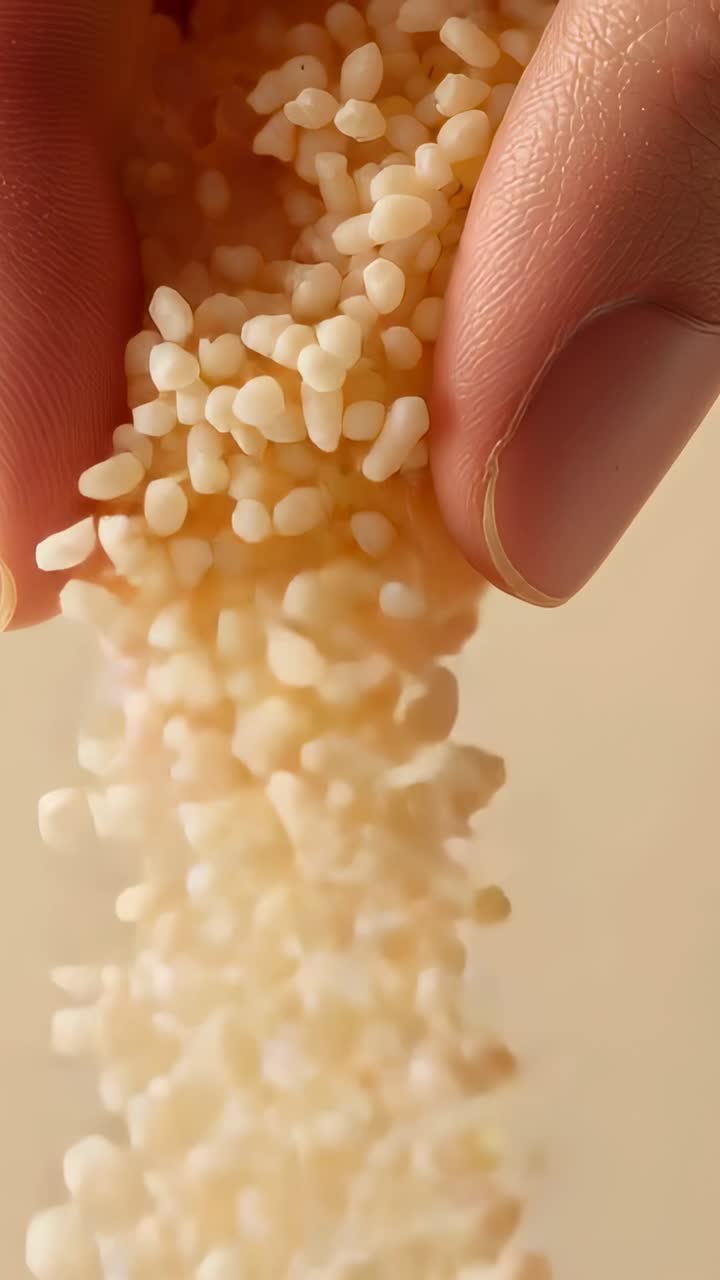 Video verticale: dita che pizzicano, poi si rilassano e lasciano cadere granelli chiari in un primo piano macro, beige caldo