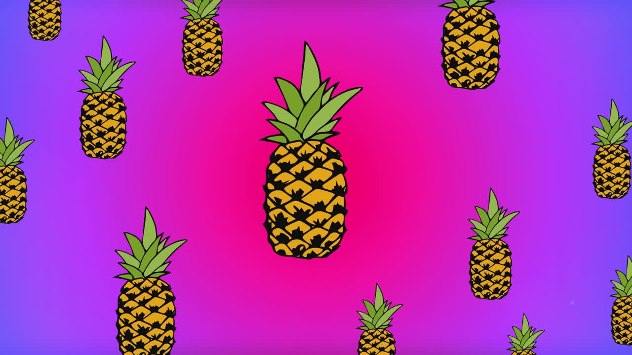 animación de piña repetida sobre un fondo de luz colorido