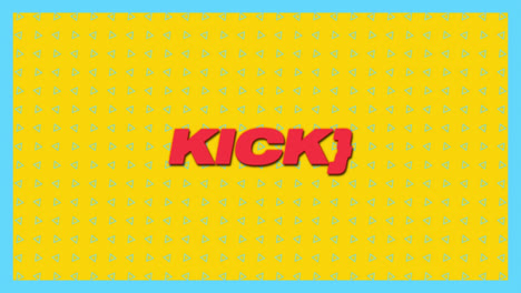 Animation-of-kick-text-in-red,-over-grid-of-rotating-blue-triangles-on-yellow-background