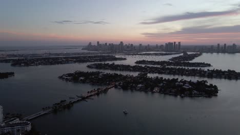 biscayne bay venetian islands dusky sunset aerial with downtown miami