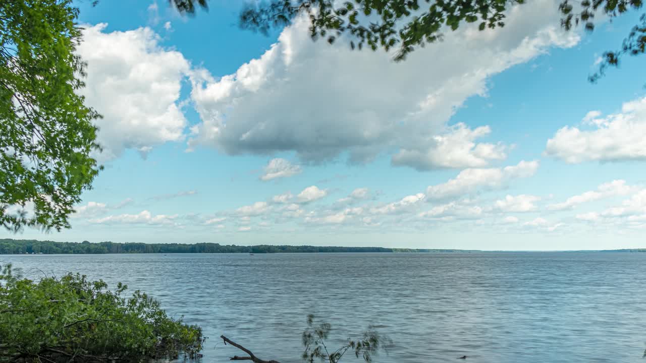 4k Timelapse of windy days, when the sky over the lake is a stunning shade of blue with heavenly clouds,