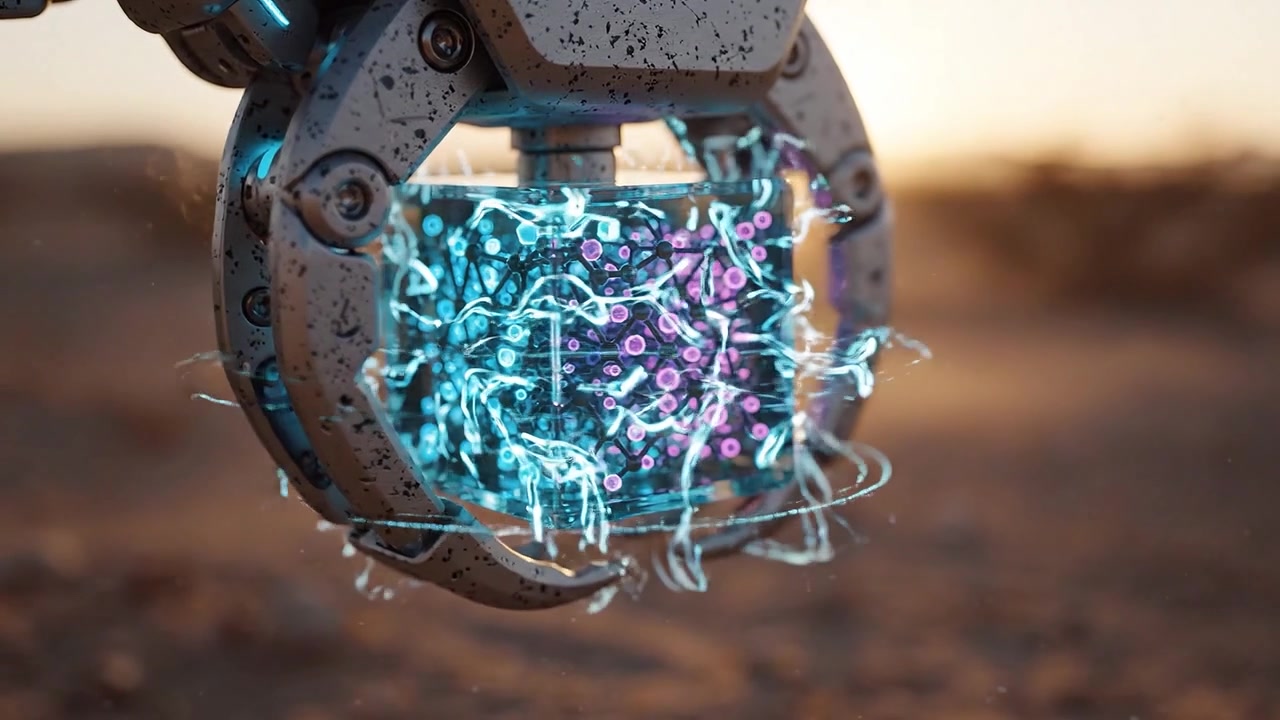 Un braccio robotico tiene delicatamente un cubo luminoso e intricato, pieno di vivaci luci viola e blu, sullo sfondo di un tramonto mozzafiato in un paesaggio desertico.