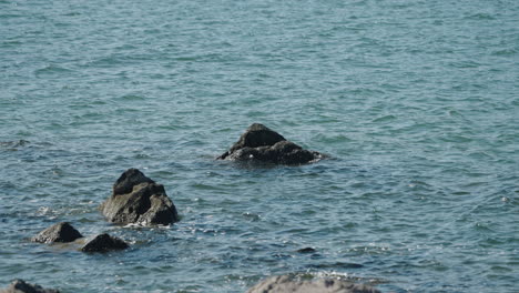 A-fixed-slow-motion-shot-of-gentle-waves-lapping-against-the-rocks-on-the-coast