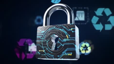 a futuristic digital lock symbolizing security and recycling, illustrating the integration of technology with environmental responsibility and data protection