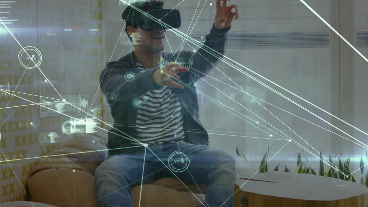 Animation of network of connections and statistics over businessman wearing vr headsets